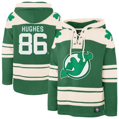 Толстовка New Jersey Devils Jack Hughes 47 Kelly Green St. Patricks Day Player Name & Number Lacer