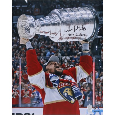 Sam Reinhart Florida Panthers Autographed Fanatics Authentic 2024 Stanley Cup Champions 16 x 20 Raising Cup Photograph with 2024 SC Champs Inscription