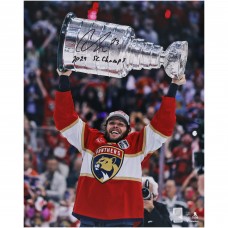 Carter Verhaeghe Florida Panthers Autographed Fanatics Authentic 2024 Stanley Cup Champions 16 x 20 Raising Cup Photograph with 2024 SC Champs Inscription