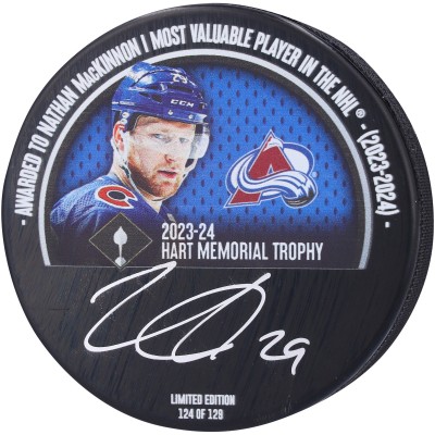 Шайба Nathan MacKinnon Colorado Avalanche Autographed Fanatics Authentic 2024 Hart Trophy Winner - Limited Edition of 129