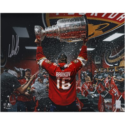 Aleksander Barkov Florida Panthers Autographed Fanatics Authentic 2024 Stanley Cup Champions 16 x 20 Locker Room Raising Cup Photograph