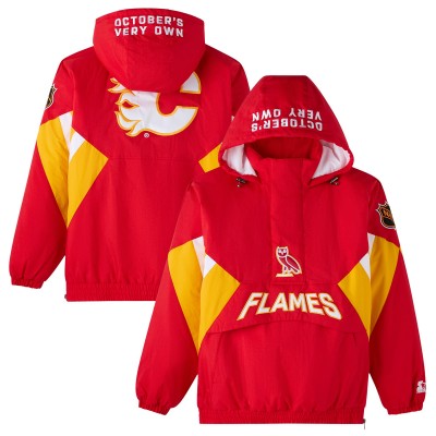 Calgary Flames OVO x Starter Red Half-Zip Hooded Jacket