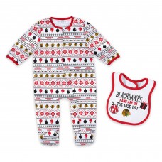 Newborn Chicago Blackhawks WEAR by Erin Andrews Allover Print Full-Zip Sleeper & Bib Christmas Set