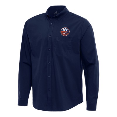 New York Islanders Antigua Navy Flight Woven Tri-Blend Long Sleeve Button-Down Shirt