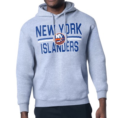 New York Islanders Starter Heather Gray Mesh Look Team Name Logo Tri-Blend Pullover Hoodie