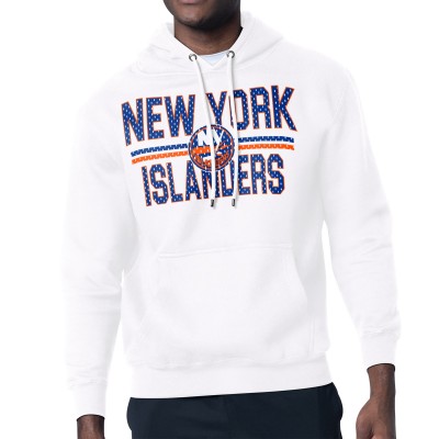 New York Islanders Starter White Mesh Look Team Name Logo Tri-Blend Pullover Hoodie