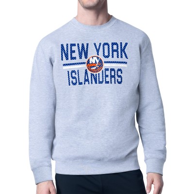 New York Islanders Starter Heather Gray Mesh Look Team Name Logo Pullover Sweatshirt