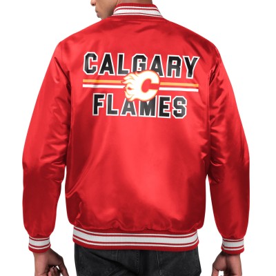Calgary Flames Starter Red Printed Team Logo Satin Varsity Full-Snap Jacket