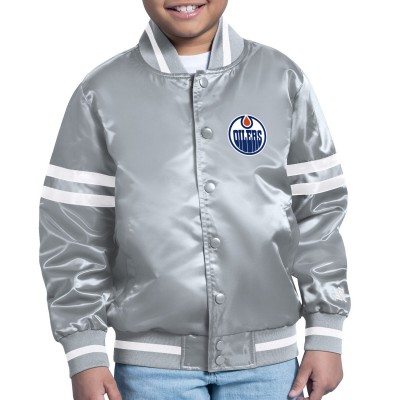 Куртка на кнопках Youth Edmonton Oilers Starter Gray Printed Team Logo Satin Varsity