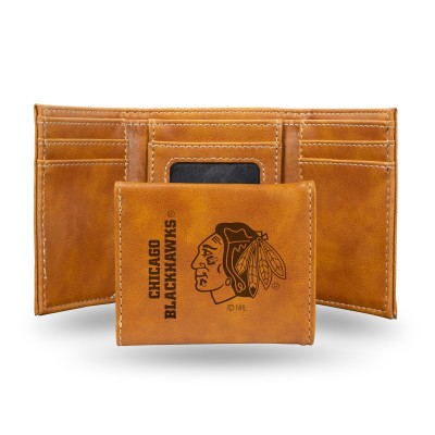 Chicago Blackhawks Laser Engraved Tri-Fold Wallet - Brown