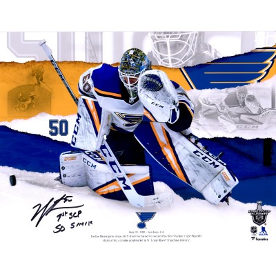 Jordan Binnington St. Louis Blues Autographed Fanatics Authentic 11 x 14 First Stanley Cup Playoffs Shutout Photograph with 1st SCP Shutout 5/19/19 Inscription - Limited Edition of 50