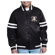 Подростковая Anaheim Ducks Starter Black Starter Printed Logo Satin Varsity Full-Snap Jacket