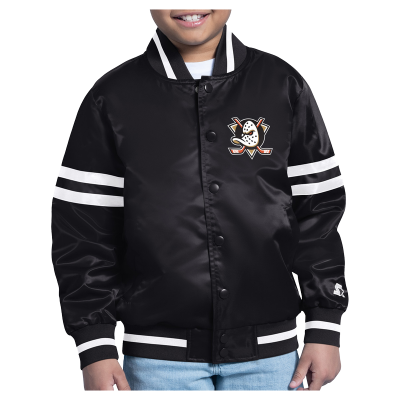 Подростковая Anaheim Ducks Starter Black Starter Printed Logo Satin Varsity Full-Snap Jacket