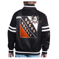 Подростковая Anaheim Ducks Starter Black Starter Printed Logo Satin Varsity Full-Snap Jacket