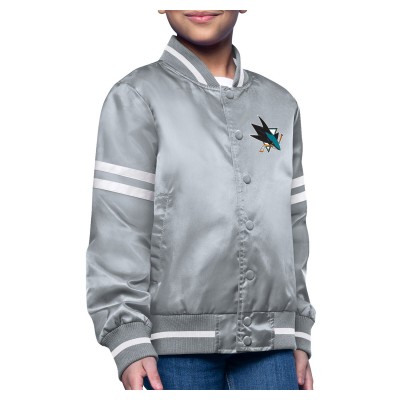 Подростковая San Jose Sharks Starter Gray Printed Logo Satin Varsity Full-Snap Jacket