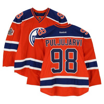 Jesse Puljujarvi Edmonton Oilers Fanatics Authentic Practice-Used #98 Orange Reebok Jersey vs. Winnipeg Jets on October 23, 2016 - NHL Heritage Classic - Worn During Warm-Ups