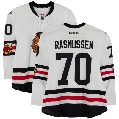 Dennis Rasmussen Chicago Blackhawks Fanatics Authentic Practice-Used #70 White Reebok Jersey vs. St. Louis Blues on January 2, 2017 - NHL Winter Classic - Worn During Warm-Ups