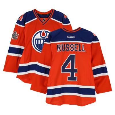 Kris Russell Edmonton Oilers Fanatics Authentic Practice-Used #4 Orange Reebok Jersey vs. Winnipeg Jets on October 23, 2016 - NHL Heritage Classic - Worn During Warm-Ups
