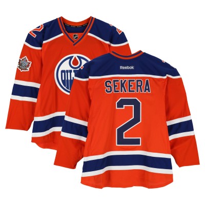 Andrej Sekera Edmonton Oilers Fanatics Authentic Practice-Used #2 Orange Reebok Jersey vs. Winnipeg Jets on October 23, 2016 - NHL Heritage Classic - Worn During Warm-Ups