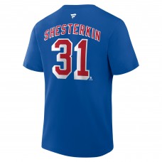New York Rangers Igor Shesterkin Fanatics Blue Authentic Stack Name & Number T-Shirt New York Rangers Igor Shesterkin Fanatics Blue Authentic Stack Name & Number T-Shirt