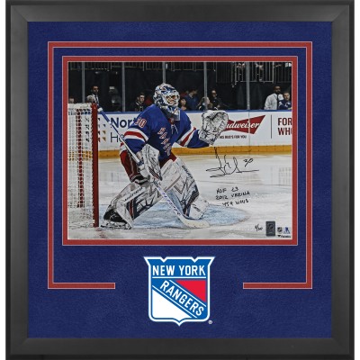 Henrik Lundqvist New York Rangers Autographed Fanatics Authentic Deluxe Framed 16 x 20 Blue Jersey in Net Photograph with Multiple Inscriptions - Limited Edition of 30