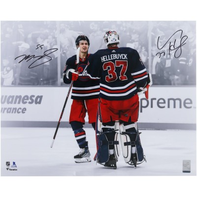 Connor Hellebuyck & Mark Scheifele Winnipeg Jets Autographed Fanatics Authentic 16 x 20 Navy Alternate Jersey Celebration Spotlight Photograph