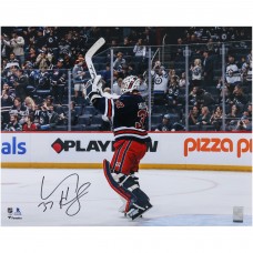Connor Hellebuyck Winnipeg Jets Autographed Fanatics Authentic 16 x 20 Navy Alternate Jersey Celebration Photograph