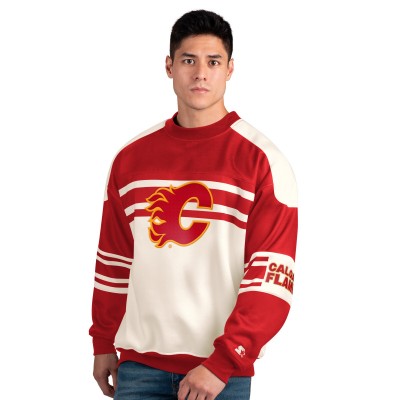Calgary Flames Starter Cream/Red Defense Fleece Crewneck Pullover Sweatshirt