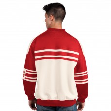 Calgary Flames Starter Cream/Red Defense Fleece Crewneck Pullover Sweatshirt