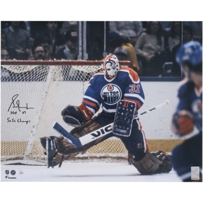 Grant Fuhr Edmonton Oilers Autographed Fanatics Authentic 16 x 20 Royal Jersey Save Photograph with HOF 03 & 5x SC Champs Inscriptions - Limited Edition #1/10