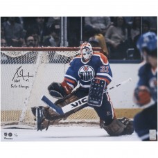 Grant Fuhr Edmonton Oilers Autographed Fanatics Authentic 16 x 20 Royal Jersey Save Photograph with HOF 03 & 5x SC Champs Inscriptions - Limited Edition of 10
