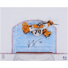 Juuse Saros Nashville Predators Autographed Fanatics Authentic 16 x 20 White Jersey Overhead Making Save Photograph