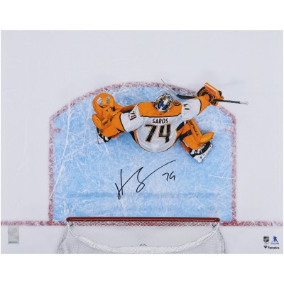 Juuse Saros Nashville Predators Autographed Fanatics Authentic 16 x 20 White Jersey Overhead Making Save Photograph