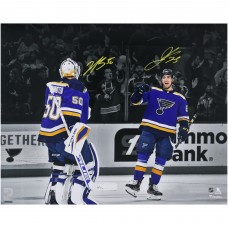 Jordan Kyrou & Jordan Binnington St. Louis Blues Autographed 16 x 20 Blue Jersey Celebration Photograph
