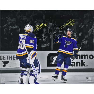 Jordan Kyrou & Jordan Binnington St. Louis Blues Autographed 16 x 20 Blue Jersey Celebration Photograph