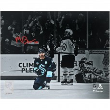 Matty Beniers Seattle Kraken Autographed Fanatics Authentic 8 x 10 Navy Jersey Celebration Photograph