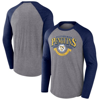 Футболка с длинным рукавом Pittsburgh Penguins Fanatics Heather Gray/Heather Navy Goal Crease Raglan Tri-Blend