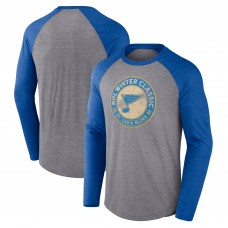 St. Louis Blues Fanatics Heather Gray/Heather Blue 2022 NHL Winter Classic Vintage Distressed Raglan Tri-Blend Long Sleeve T-Shirt