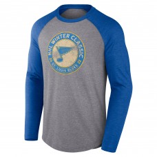 St. Louis Blues Fanatics Heather Gray/Heather Blue 2022 NHL Winter Classic Vintage Distressed Raglan Tri-Blend Long Sleeve T-Shirt