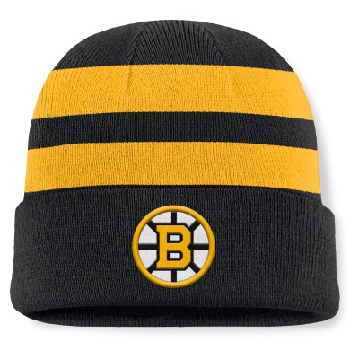 Boston Bruins Fanatics Black/Gold Fundamental Swipe Stripe Cuffed Knit Hat