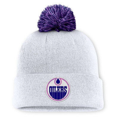 Шапка с помпоном Edmonton Oilers Fanatics White Authentic Pro Hockey Fights Cancer Cuffed