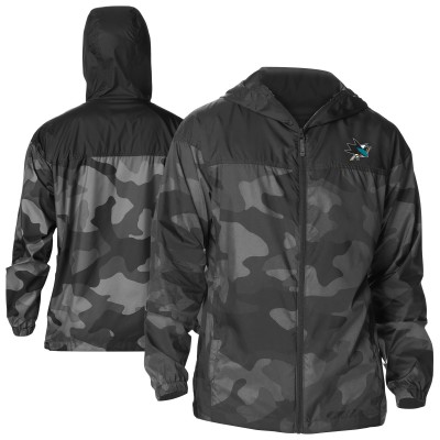San Jose Sharks Columbia Black Camo Flash Challenger Omni-Shade Full-Zip Hoodie Windbreaker