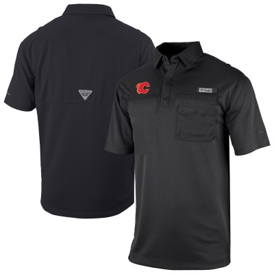 Calgary Flames Columbia Black Flycaster Omni-Wick Pocket Polo