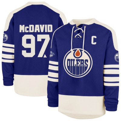 Edmonton Oilers Connor McDavid 47 Royal Player Name & Number Sweep Check Eternal Lacer Sweatshirt