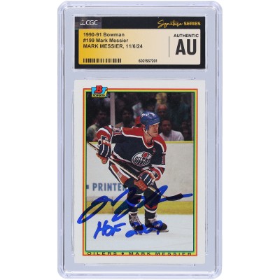 Mark Messier Edmonton Oilers Autographed 1990-91 Bowman #199 CGC Fanatics Witnessed Authenticated Card with HOF 2007 Inscription