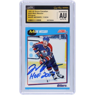 Mark Messier Edmonton Oilers Autographed 1991-92 Score Canadian Bilingual #505 CGC Fanatics Witnessed Authenticated Auto 10 Card with HOF 2007 Inscription