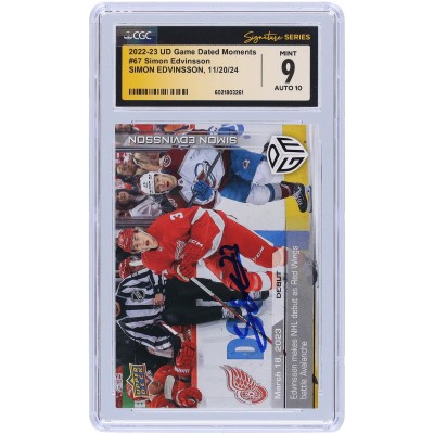 Simon Edvinsson Detroit Red Wings Autographed 2022-23 Upper Deck Game Dated Moments Makes NHL Debut As Red Wings Battle Avalanche #67 #/1199 CGC Fanatics Witnessed Authenticated 9/10 Rookie Card