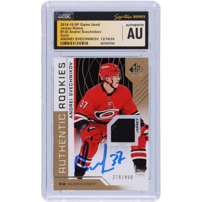 Andrei Svechnikov Carolina Hurricanes Autographed 2018-19 Upper Deck SP Game Used Gold Jersey Relic #120 #/499 CGC Fanatics Witnessed Authenticated Rookie Card