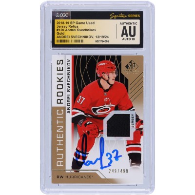 Andrei Svechnikov Carolina Hurricanes Autographed 2018-19 Upper Deck SP Game Used Gold Jersey Relic #120 #/499 CGC Fanatics Witnessed Authenticated Auto 10 Rookie Card