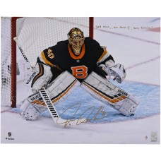 Tuukka Rask Boston Bruins Autographed Fanatics Authentic 16 x 20 Black Alternate Jersey In Net Photograph with Multiple Inscriptions - Signed in Gold Ink - Limited Edition #1/1